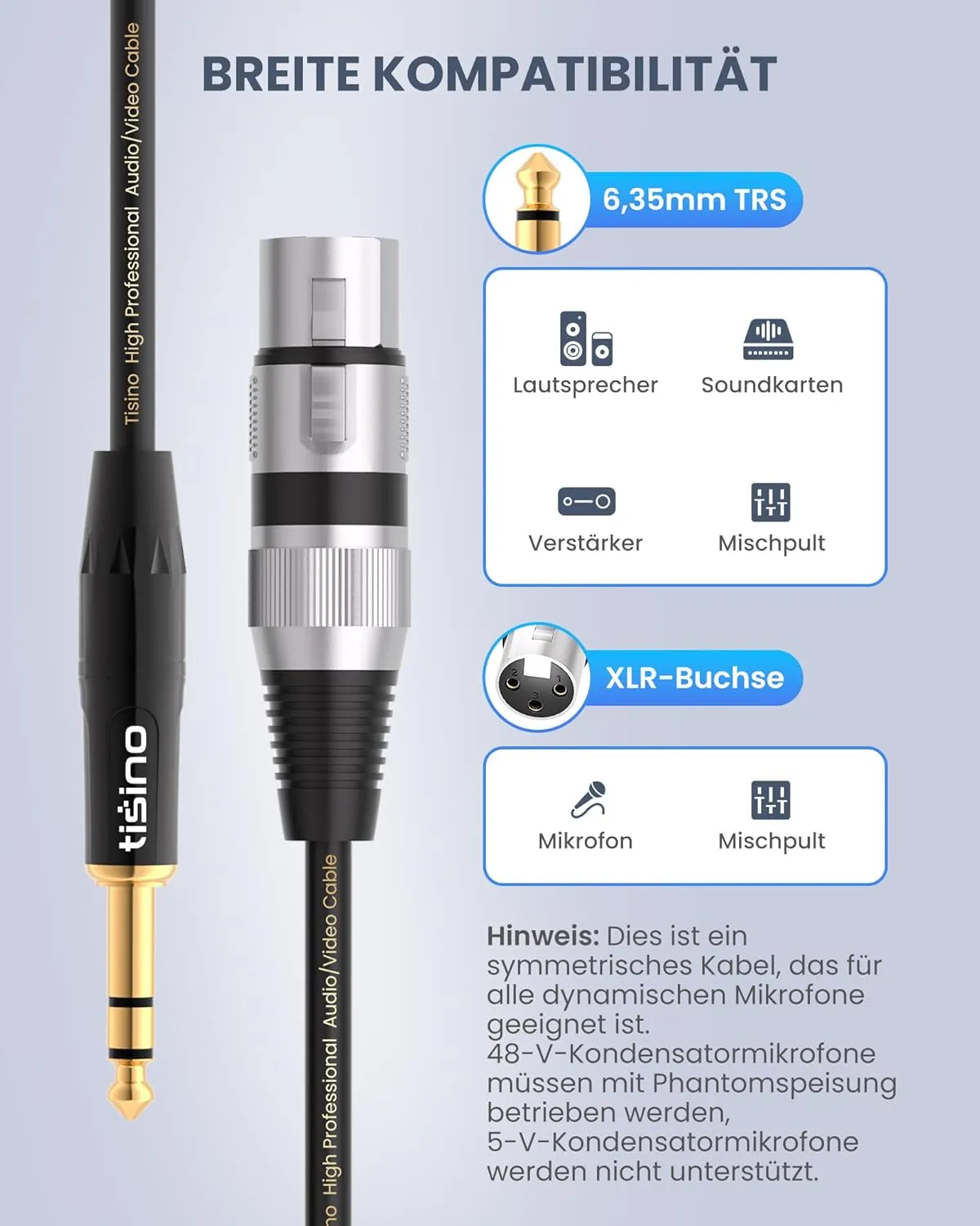 tisino XLR Female to 1/4 Inch (6.35mm) TRS Jack Lead Balanced Signal Interconnect Cable XLR to Quarter inch Patch Cable - 15 Feet