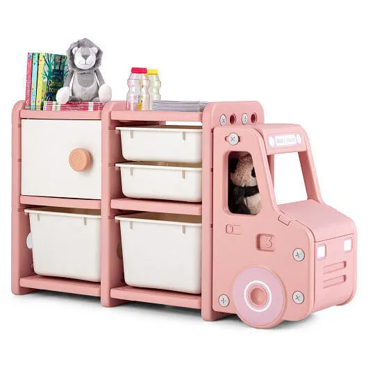 Toddler Truck Storage Organizer with Plastic Bins-Pink - Color: Pink