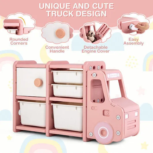Toddler Truck Storage Organizer with Plastic Bins-Pink - Color: Pink