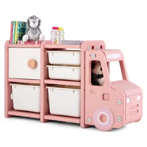Toddler Truck Storage Organizer with Plastic Bins-Pink - Color: Pink