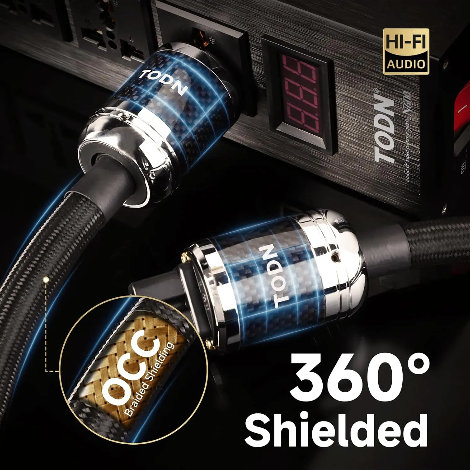 TODN Audiophile Power Cable 7 AWG HiFi Audio Power Cord for Speaker, Amp | O-C-C Cores, Carbon Fiber Shell, 24K Gold Plated US Plug, Φ17.5mm, 3ft/1m