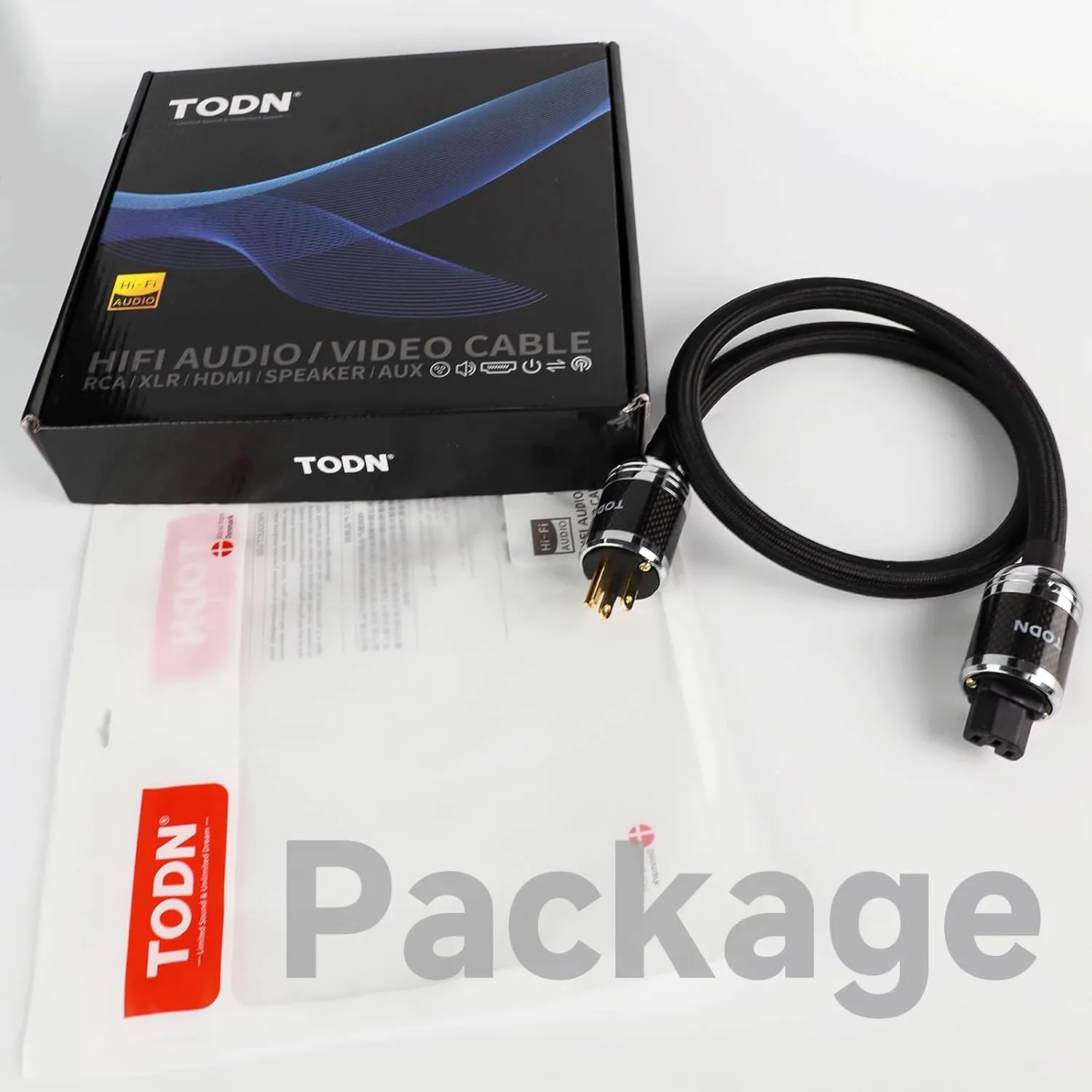 TODN Audiophile Power Cable 7 AWG HiFi Audio Power Cord for Speaker, Amp | O-C-C Cores, Carbon Fiber Shell, 24K Gold Plated US Plug, Φ17.5mm, 3ft/1m