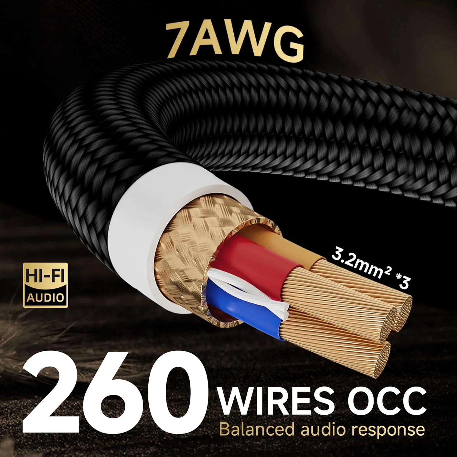 TODN Audiophile Power Cable 7 AWG HiFi Audio Power Cord for Speaker, Amp | O-C-C Cores, Carbon Fiber Shell, 24K Gold Plated US Plug, Φ17.5mm, 3ft/1m