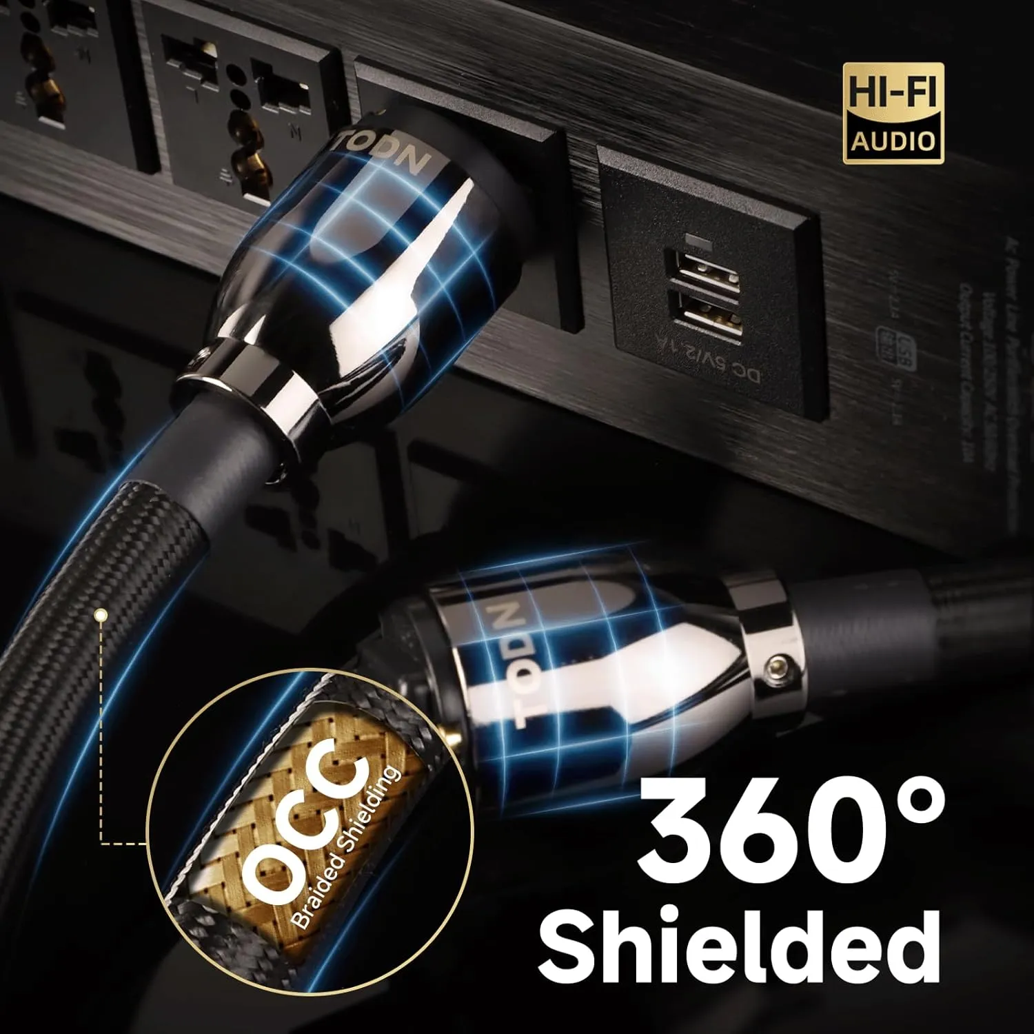 TODN HiFi Audio Power Cable for Audiophile with 7 AWG O-C-C Cores, 24K Gold Plated 3 Prong Power Cord Plug/IEC C15, Φ17.5mm, 3ft/1m