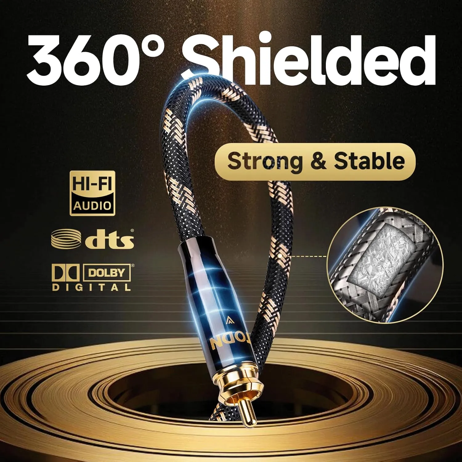 TODN HiFi Digital Coaxial Audio Cable for Audiophile 75 Ohm SPDIF Coax with O-C-C Core, Dual Shielded, 24K Gold-Plated Plug (3ft /1m)
