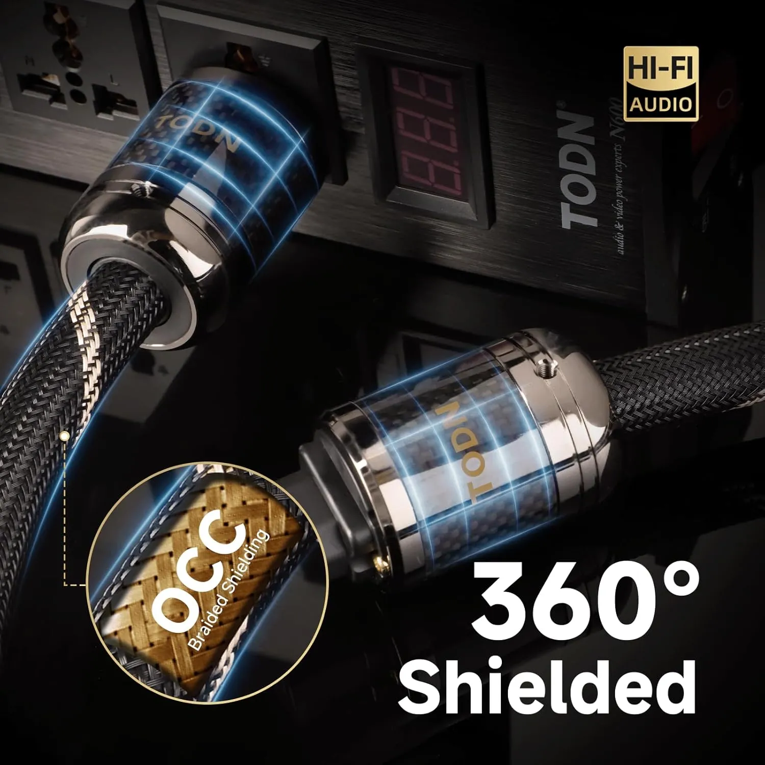 TODN Power Cable Audiophile 7 AWG OFC OCC Core HiFi Audio Power Cord with Carbon Fiber Shell, 24K Gold Plated 3 Prong Plug/IEC C15, Φ17.5mm, 6.5ft/2m