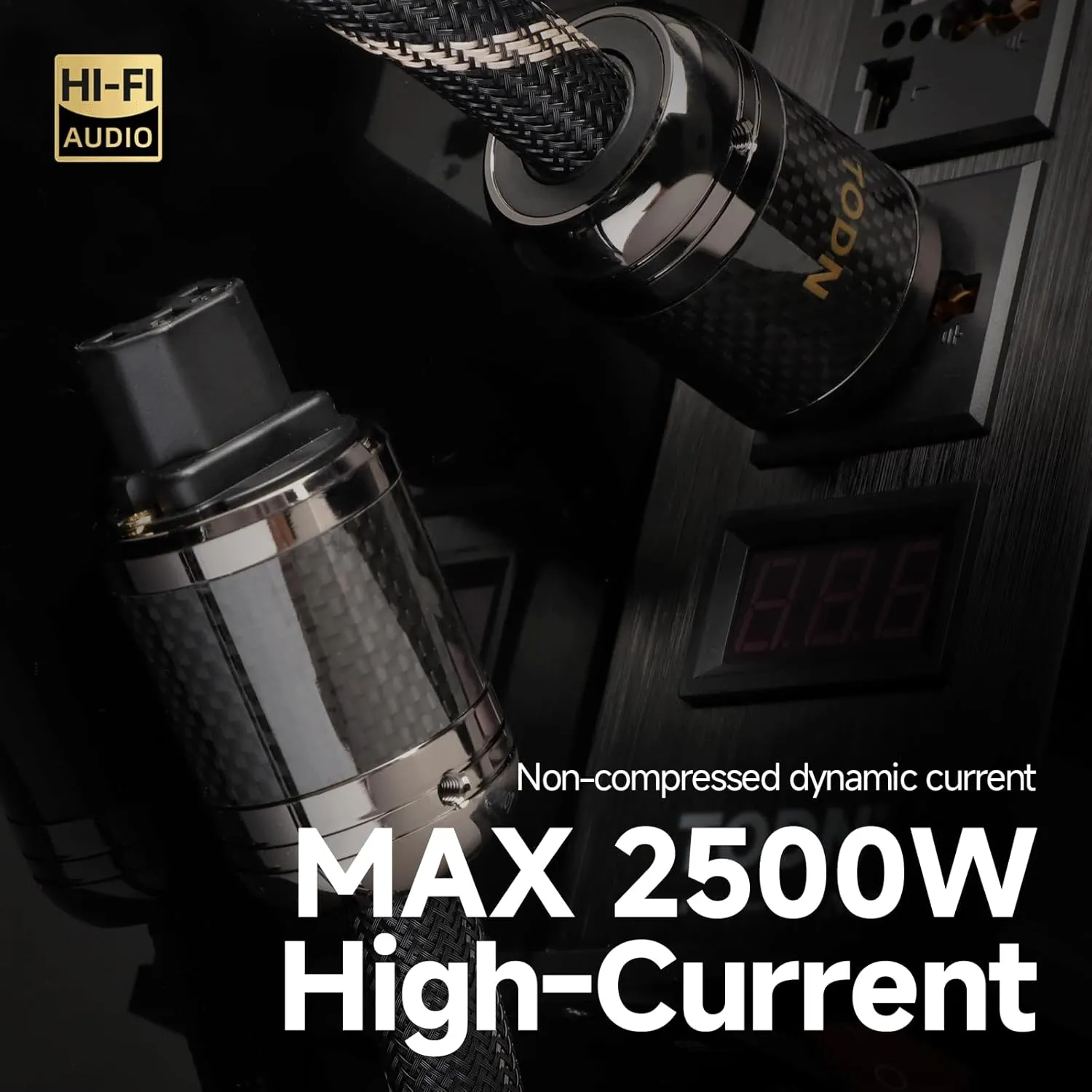 TODN Power Cable Audiophile 7 AWG OFC OCC Core HiFi Audio Power Cord with Carbon Fiber Shell, 24K Gold Plated 3 Prong Plug/IEC C15, Φ17.5mm, 6.5ft/2m