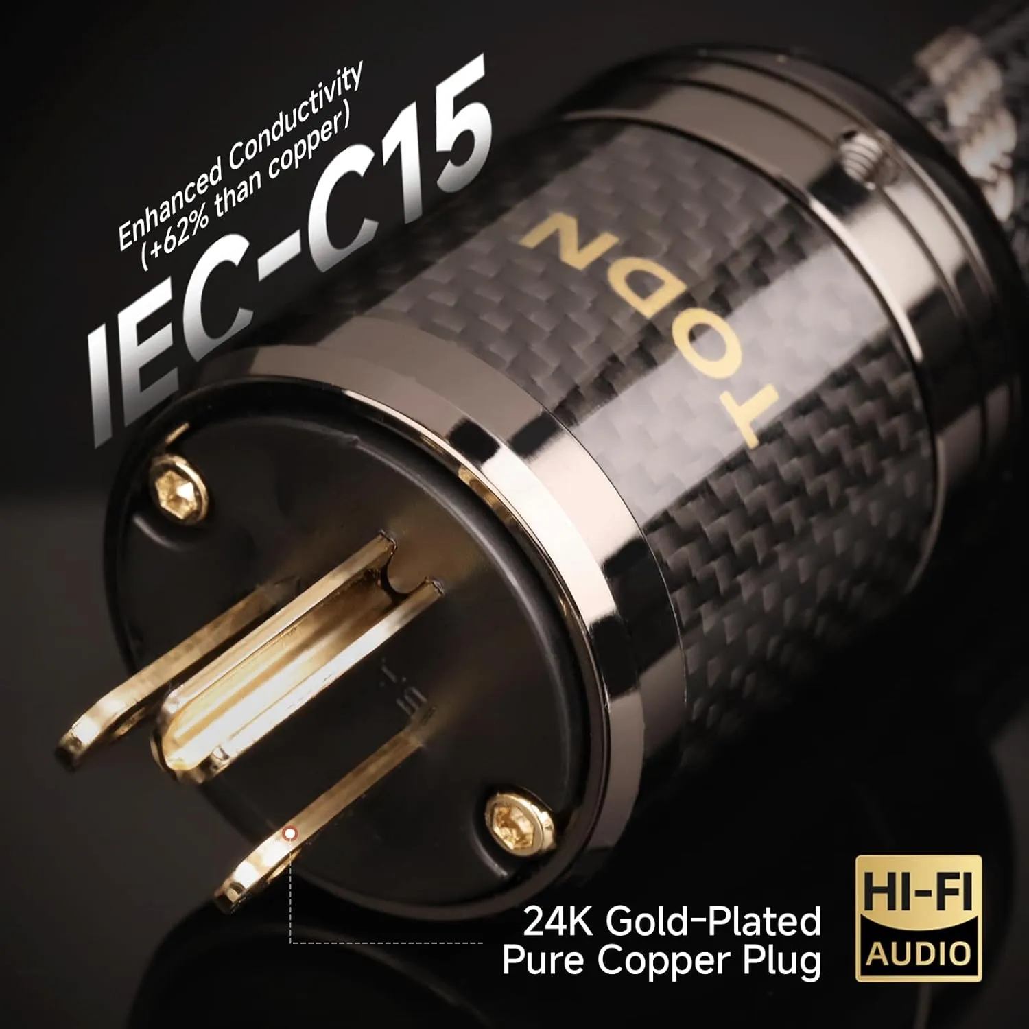 TODN Power Cable Audiophile 7 AWG OFC OCC Core HiFi Audio Power Cord with Carbon Fiber Shell, 24K Gold Plated 3 Prong Plug/IEC C15, Φ17.5mm, 6.5ft/2m