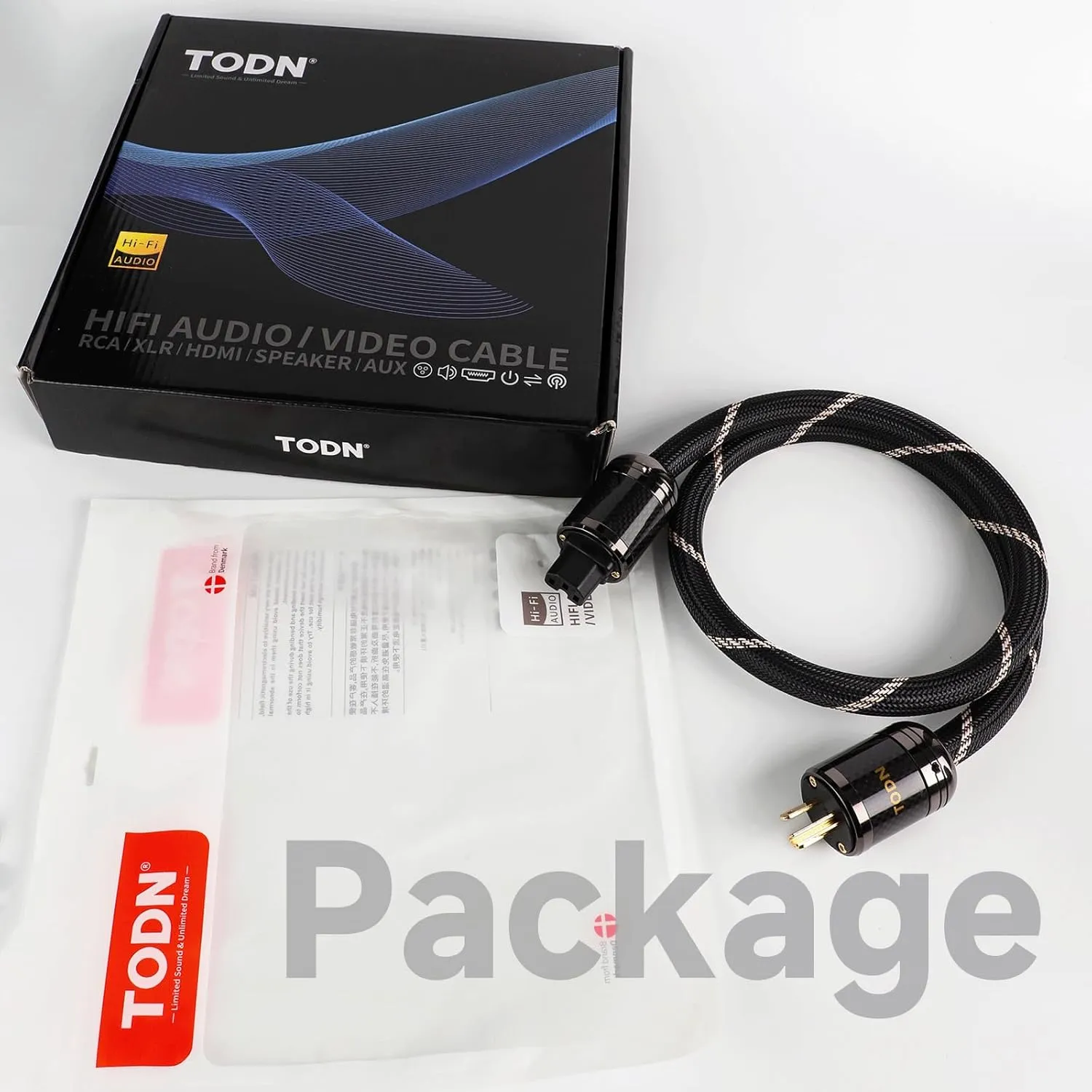 TODN Power Cable Audiophile 7 AWG OFC OCC Core HiFi Audio Power Cord with Carbon Fiber Shell, 24K Gold Plated 3 Prong Plug/IEC C15, Φ17.5mm, 6.5ft/2m