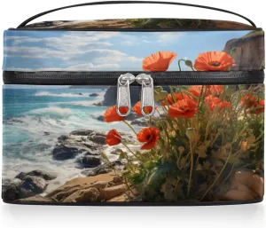 Toiletry Bags Red Flowers Large Capacity Travel Makeup Organizer Case, Atlantic Coast Portable Toiletry Bag for Women Makeup Brush Bag Storage Bag