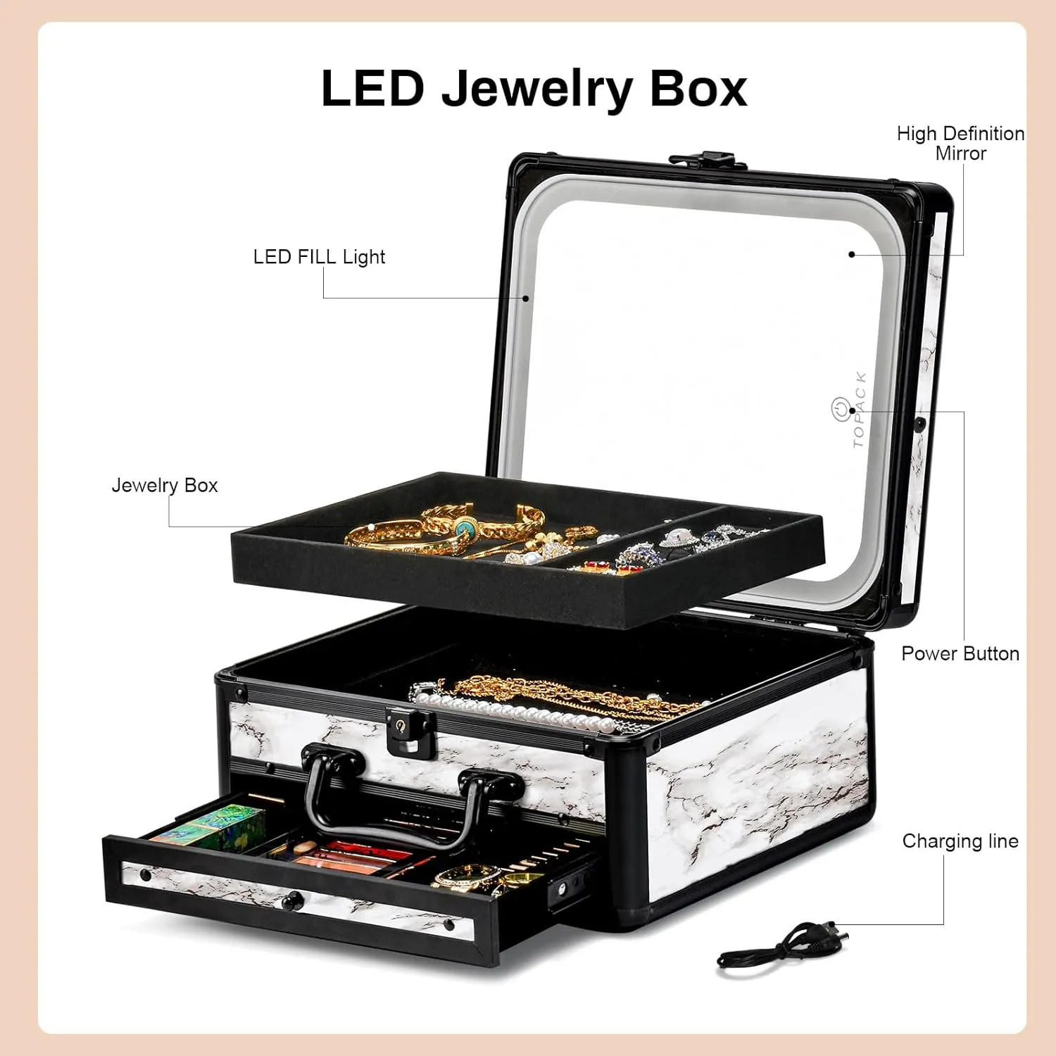 TOPACK Makeup Cases with Led Mirror, Portable Makeup Box Make Up Case with Mirror Makeup Travel Case Makeup Box Travel Jewelry Case Organizer-Marble