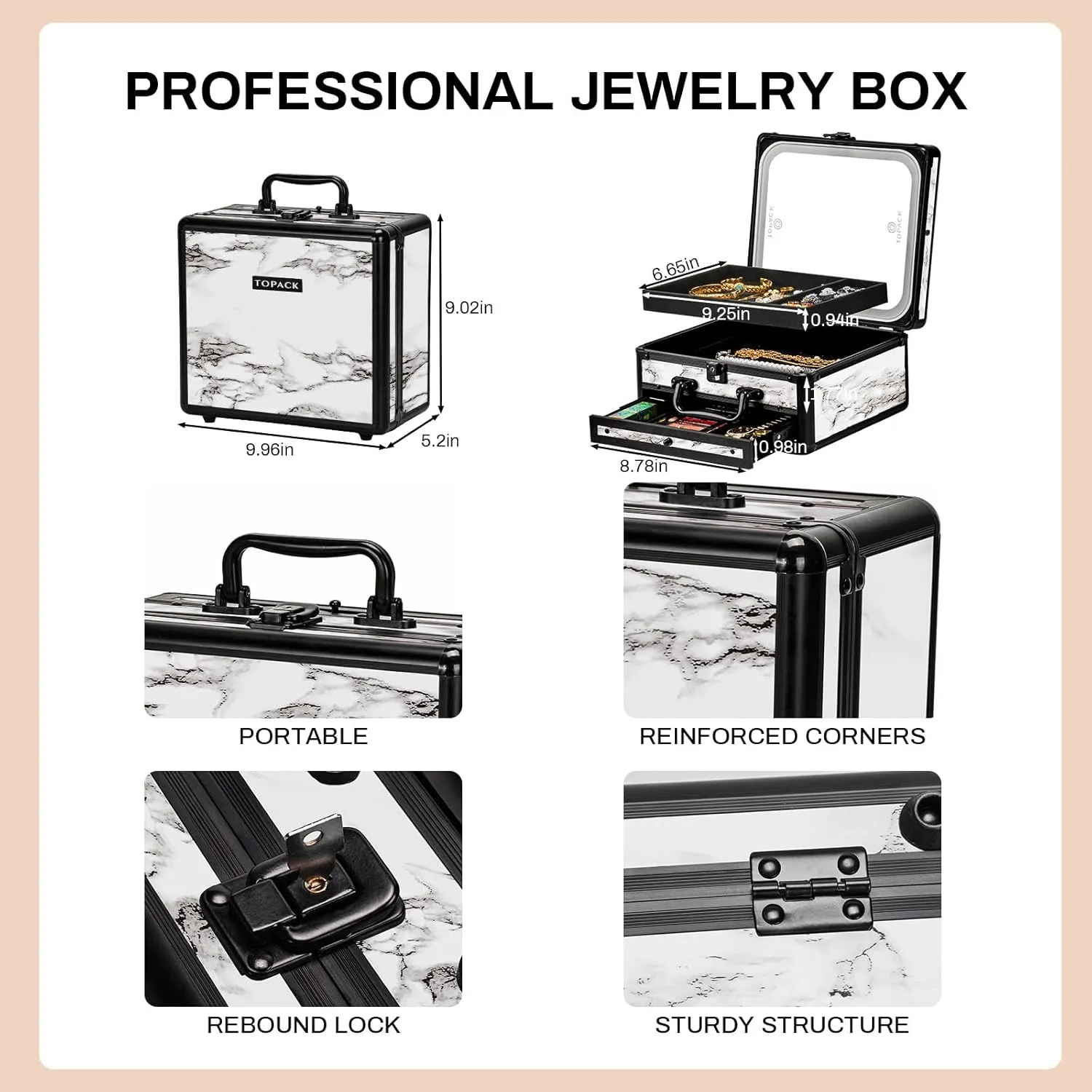 TOPACK Makeup Cases with Led Mirror, Portable Makeup Box Make Up Case with Mirror Makeup Travel Case Makeup Box Travel Jewelry Case Organizer-Marble