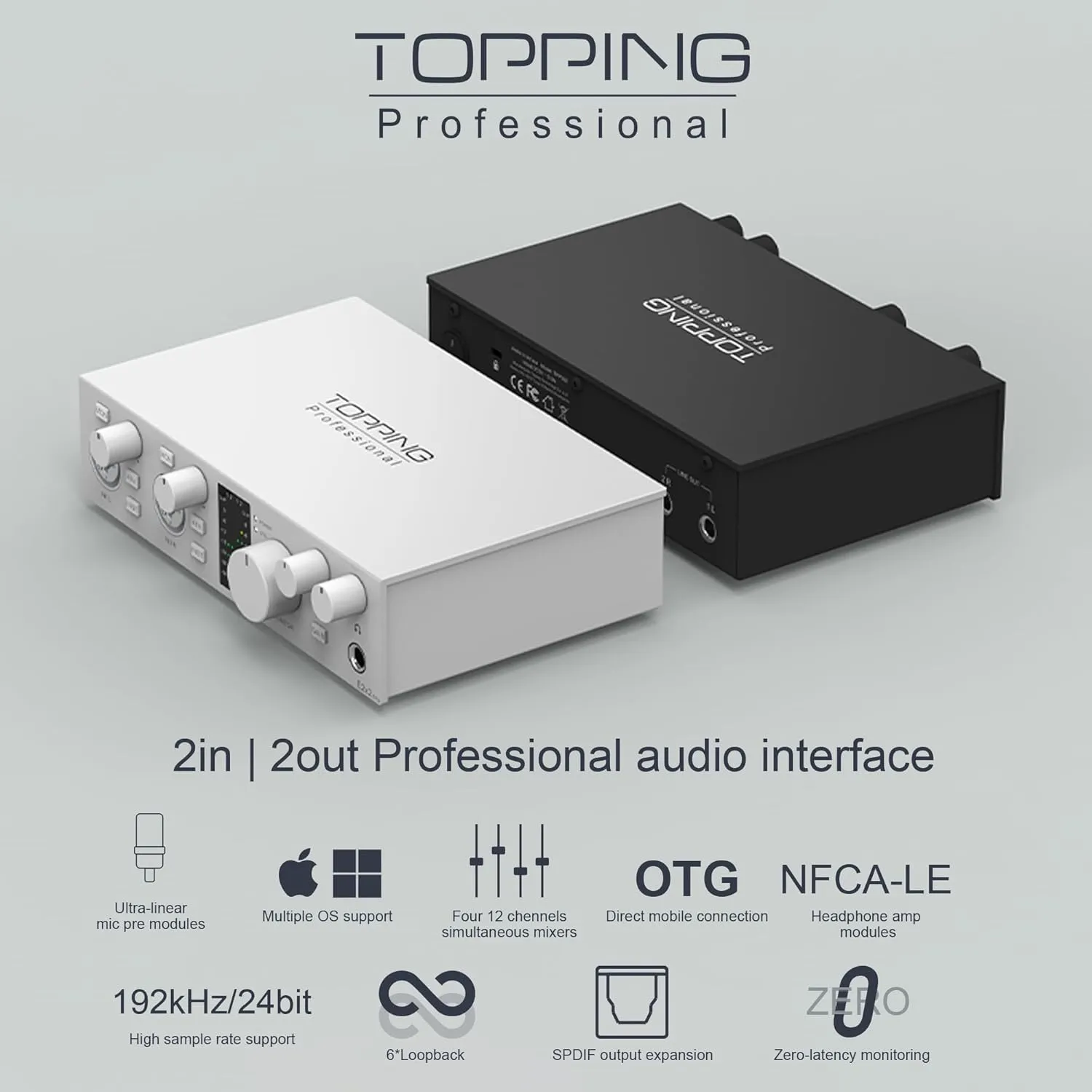 TOPPING E2x2 OTG USB Audio Interface - Ultra-Linear Preamp & Powerful Headphone Amp,Optical Output, Dual Mobile Streaming, Zero-Latency, 192kHz/24bit Recording, PC/Mobile Compatible (Black)