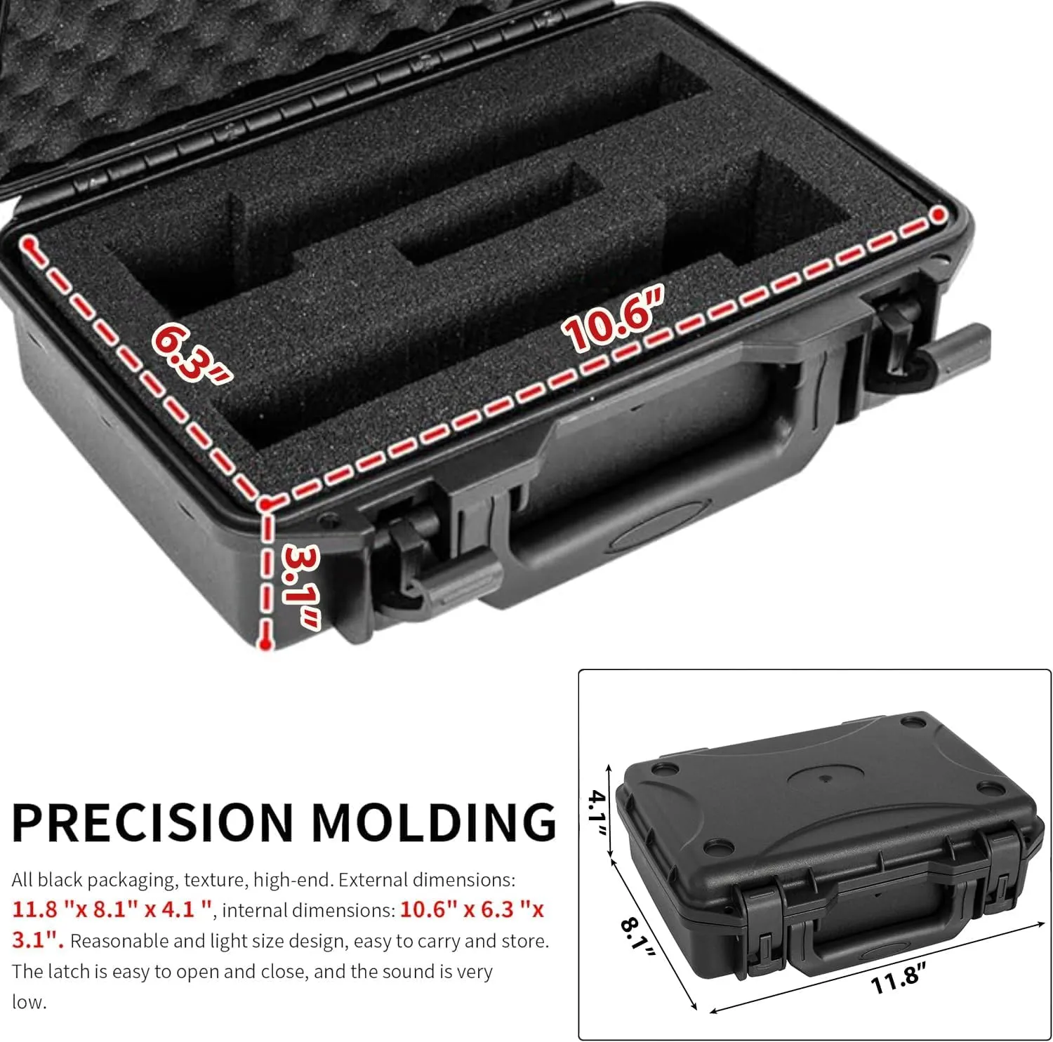 TORIBIO 11 Inch Hard Shell Carrying Case, IP67 Waterproof Portable Hard Case with Pre-Diced Foam, Customizable Foam for Microphone & Recorder, Equipment and More,11.6"x8.1"x4"
