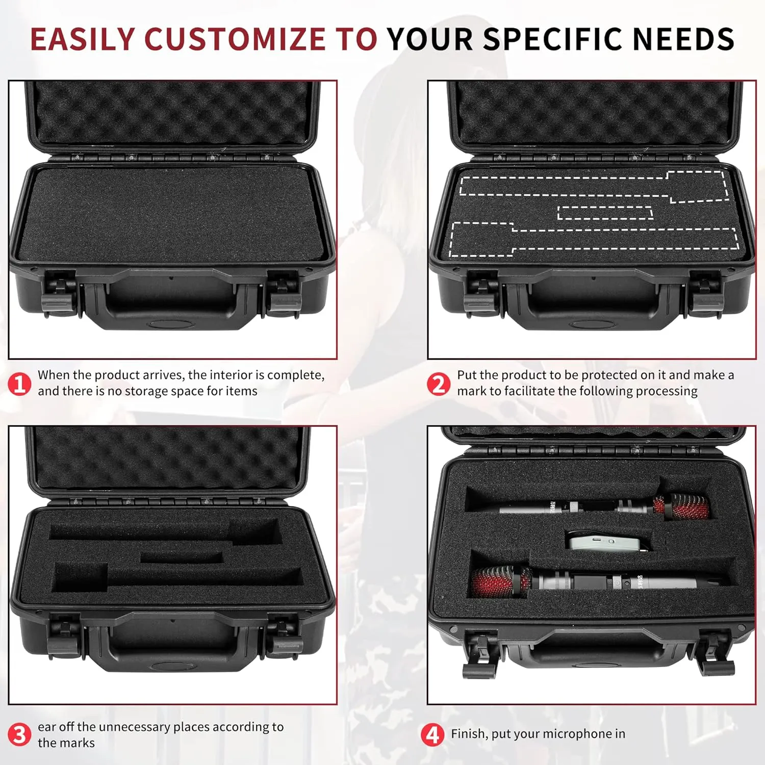 TORIBIO 11 Inch Hard Shell Carrying Case, IP67 Waterproof Portable Hard Case with Pre-Diced Foam, Customizable Foam for Microphone & Recorder, Equipment and More,11.6"x8.1"x4"
