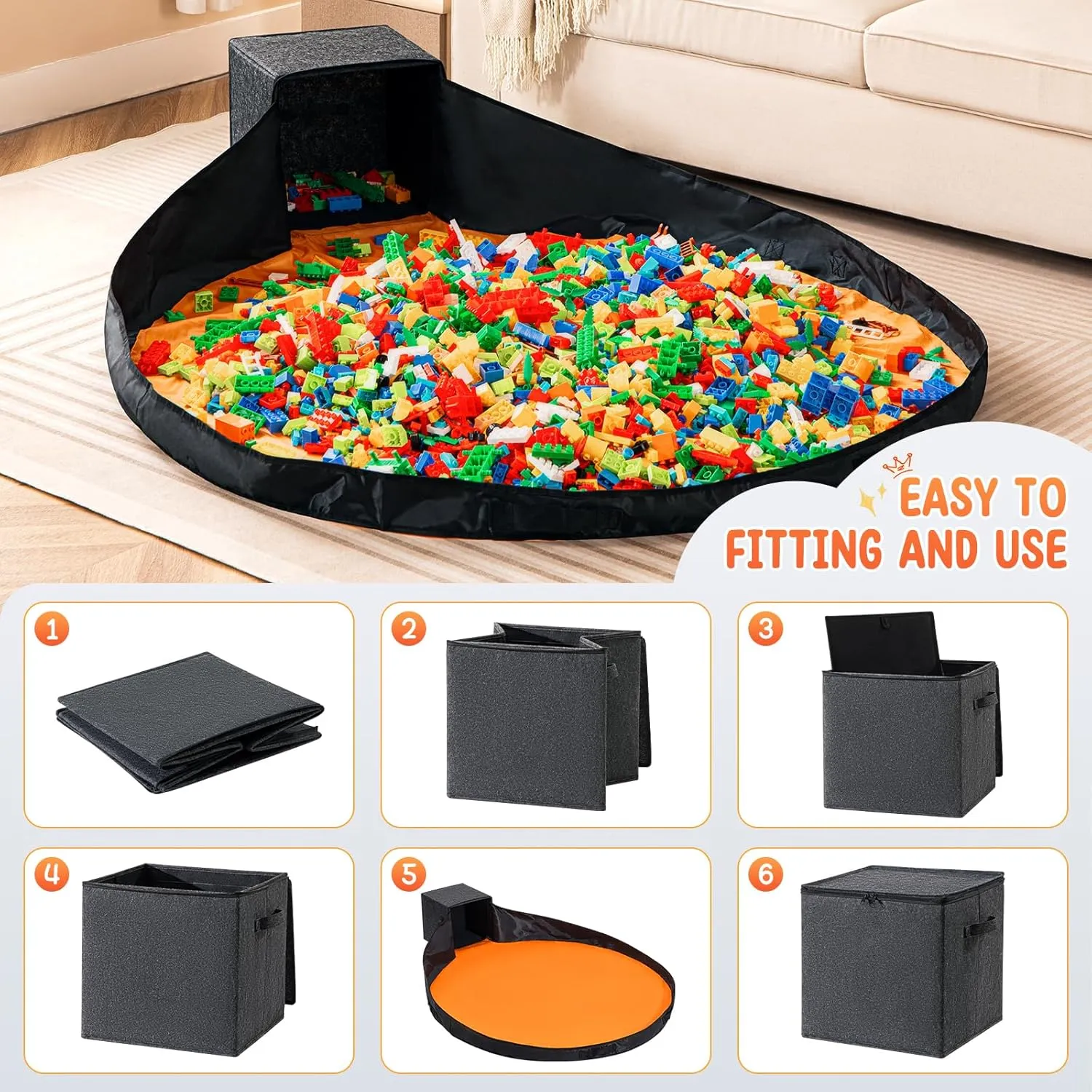 Toy Storage Organizer and Play Mat 13" Basket for Building Bricks Collapsible Storage Box for Kids Nonwoven Fabric Organizer Cube Bin