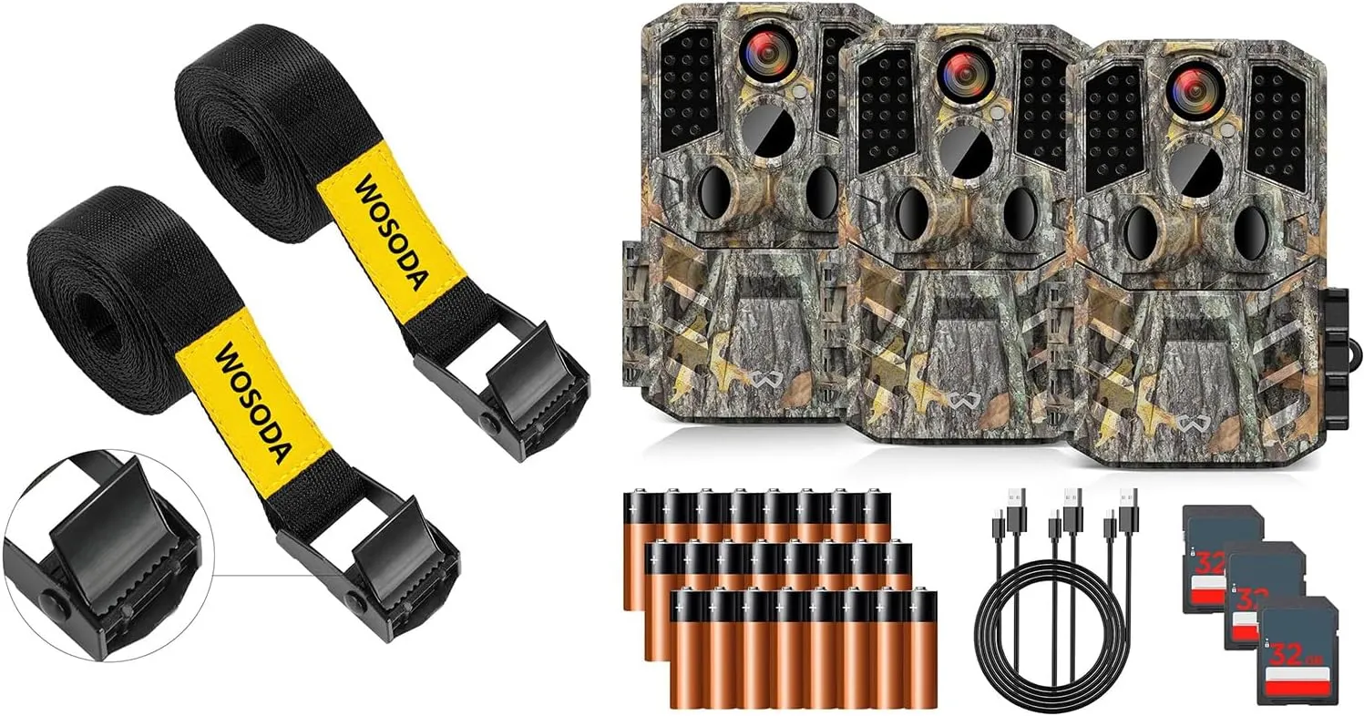Trail Camera 3 Pack 30MP 1920P HD Straps 2 Pack,Polyester Fiber Deer Camera Straps for Hunting Cameras Accessory,IP66 Waterproof 2.0''LCD Wildlife Camera for Monitoring