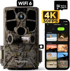 Trail Camera Real 4K 60MP WiFi Game Camera with Night Vision Infrared Sensor Activated IP66 Waterproof Trail Cam 120°Wide Angle 0.1s Trigger Speed Hunting Camera for Wildlife Monitoring
