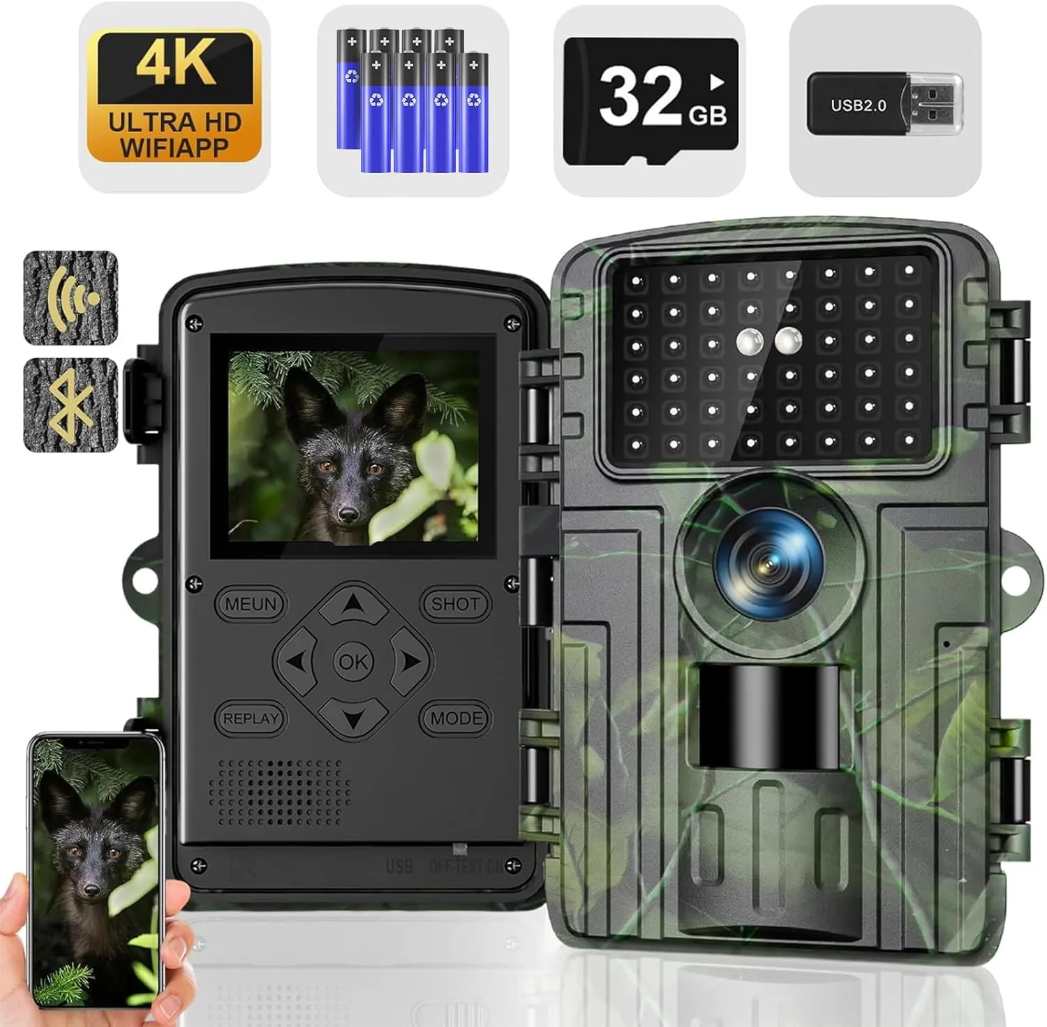 Trail Camera,4K 60MP WiFi Bluetooth Game Cameras with No Glow Night Vision, 0.1s Trigger Motion Activated,IP66 Waterproof Hunting Camera for Outdoor Wildlife Monitoring with 8*AA 1.5V Batteries