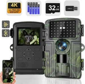 Trail Camera,4K 60MP WiFi Bluetooth Game Cameras with No Glow Night Vision, 0.1s Trigger Motion Activated,IP66 Waterproof Hunting Camera for Outdoor Wildlife Monitoring with 8*AA 1.5V Batteries