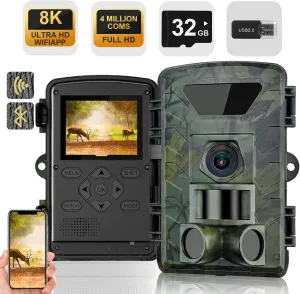 Trail Camera,8K 60MP WiFi Game Cameras with No Glow Night Vision, 0.1s Trigger Motion Activated,IP66 Waterproof Hunting Camera for Outdoor Wildlife Monitoring or Property Security with 32GB SD Card