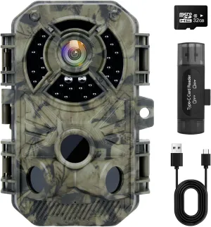 Trail Cameras with Night Vision Motion Activated Waterproof IP66 No Glow Infrared LED for Outdoor Wildlife Monitoring,Hunting Cam Game Cameras with Free 32G Micro Card and Card Reader