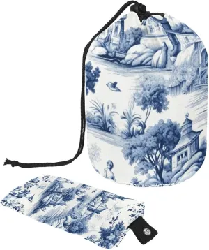 Travel Cosmetic Bags bucket Makeup Bag, Classic White Blue Toile Women Portable Foldable Cases, Multifunctional Toiletry Bucket Bags Round Organizer Storage