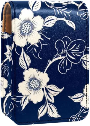Travel Lipstick Organizer Case,Lipstick Case Portable Makeup Bag With Mirror,Blue Floral Print
