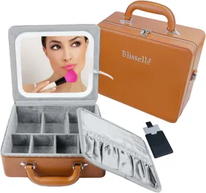 Travel Makeup Bag with LED Lighted Mirror, Waterproof Make Up Mirror With Lighting And Adjustable Dividers, Portable Makeup Train Case Cosmetics Storage Bag, 3 Adjustable Brightness (Brown)