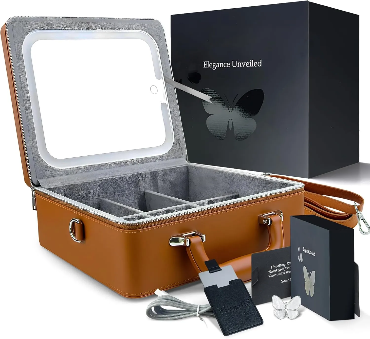 Travel Makeup Bag with LED Lighted Mirror, Waterproof Make Up Mirror With Lighting And Adjustable Dividers, Portable Makeup Train Case Cosmetics Storage Bag, 3 Adjustable Brightness (Brown)