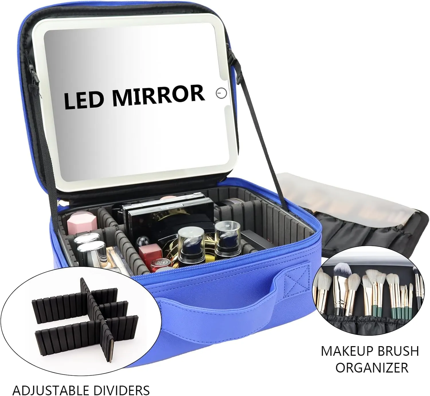 Travel Makeup Bag with LED Mirror Travel Makeup Organizer with 3 Lighted Settings, Adjustable Dividers and Makeup Brush Storage Bag Dark Blue