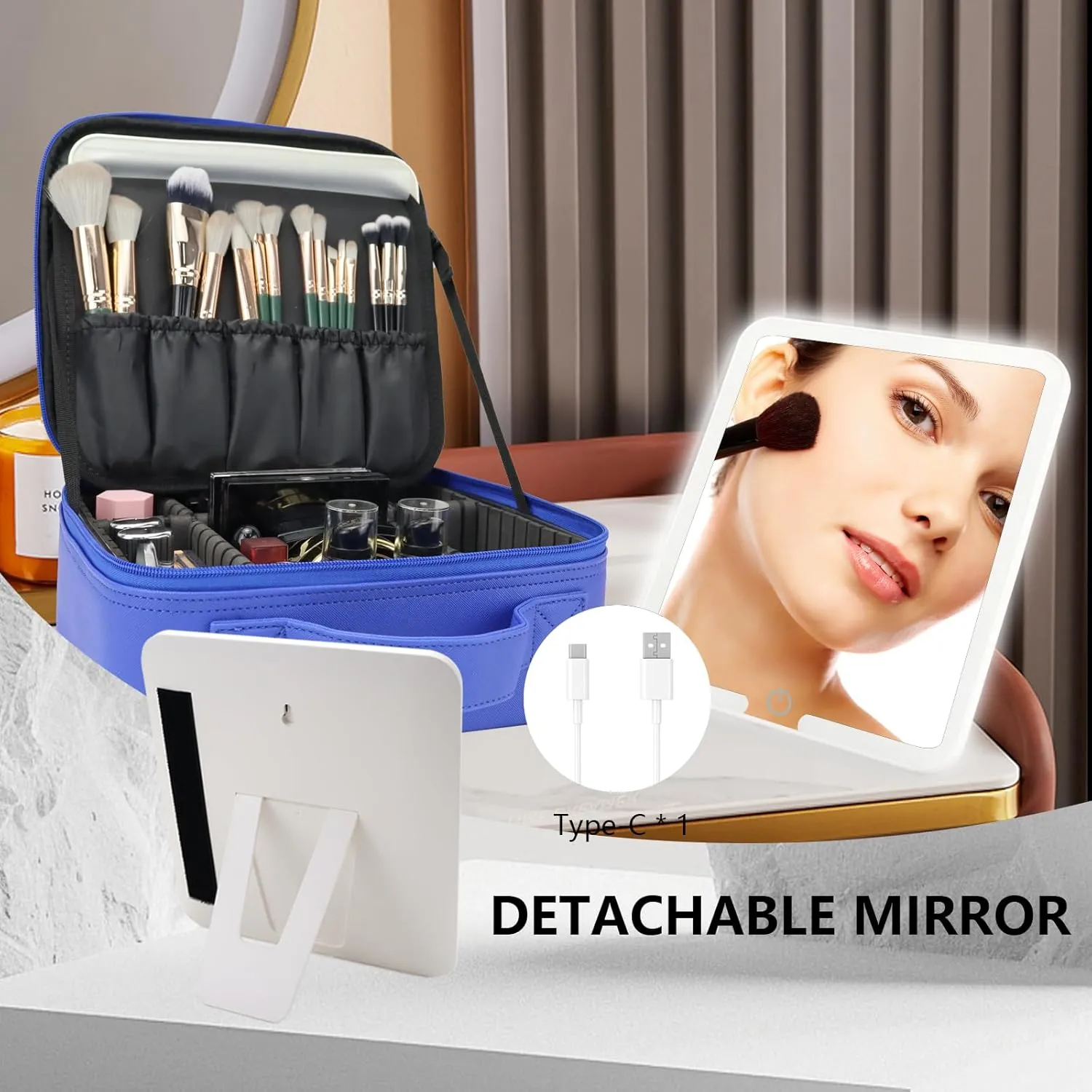 Travel Makeup Bag with LED Mirror Travel Makeup Organizer with 3 Lighted Settings, Adjustable Dividers and Makeup Brush Storage Bag Dark Blue