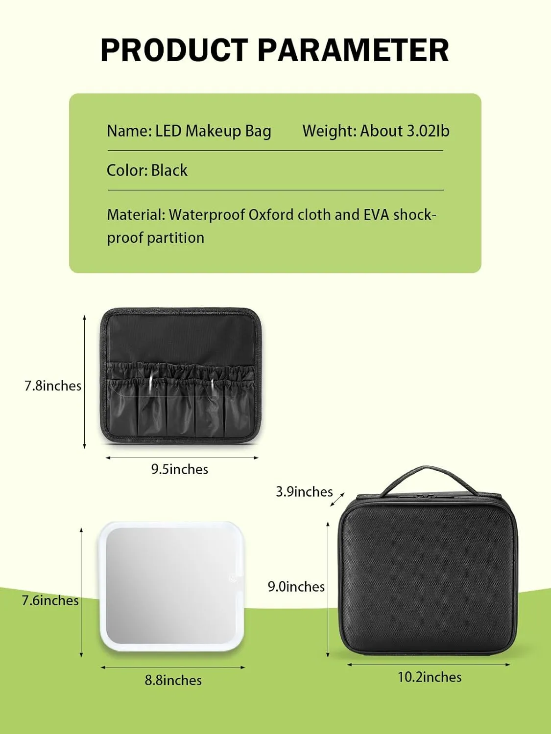 Travel Makeup Bag with Lighted Mirror，Makeup Train Case with Adjustable Dividers and 3 Light Modes，Oxford Fabric，Black, Small, NOVAMB2400