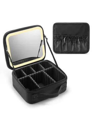 Travel Makeup Bag with Lighted Mirror，Makeup Train Case with Adjustable Dividers and 3 Light Modes，Oxford Fabric，Black, Small, NOVAMB2400