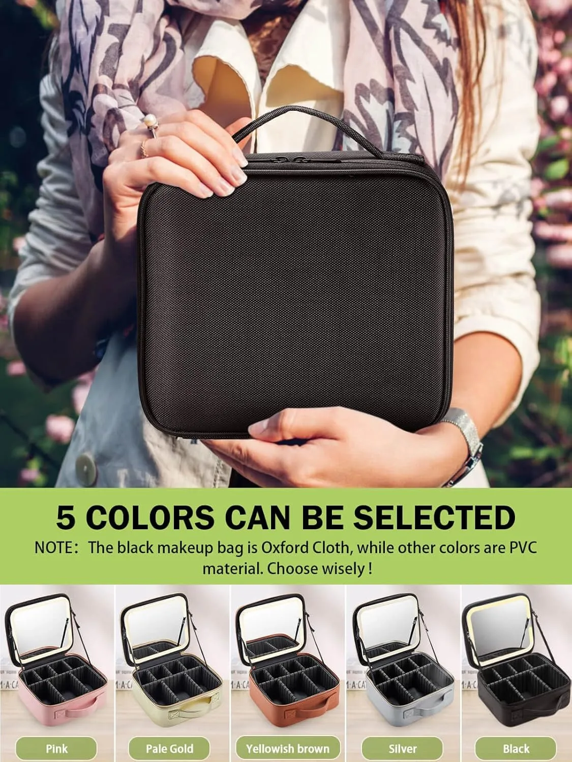 Travel Makeup Bag with Lighted Mirror，Makeup Train Case with Adjustable Dividers and 3 Light Modes，Oxford Fabric，Black, Small, NOVAMB2400