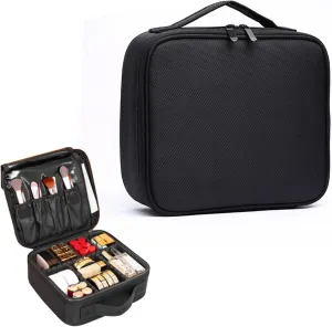 Travel Makeup Bag,Portable Makeup Case Cosmetic,Handheld Travel Case with Sponge Compartment Double Layer Women Portable Cosmetics Make Up Organizer Storage Case,Black,10in