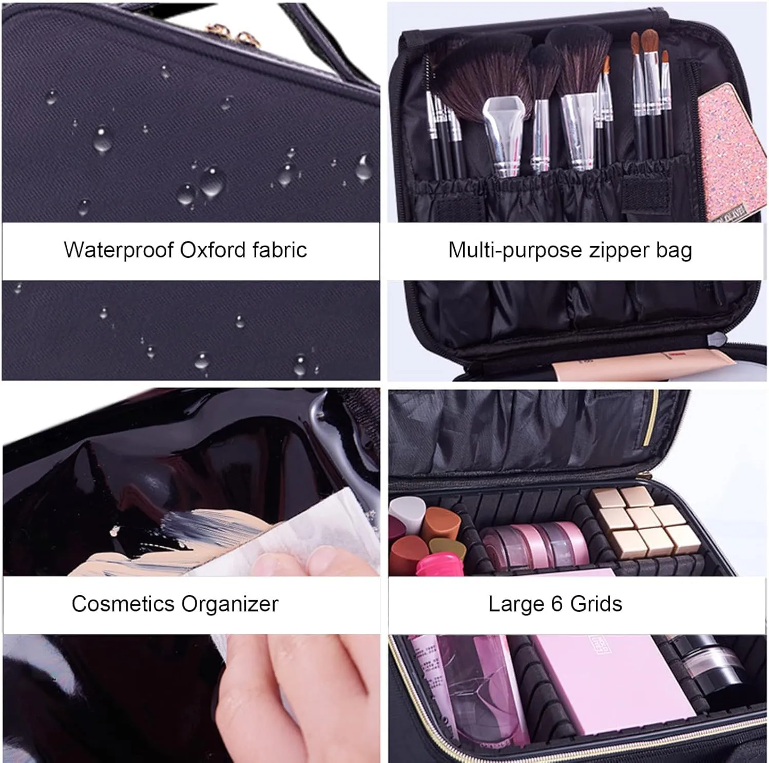 Travel Makeup Bag,Portable Makeup Case Cosmetic,Handheld Travel Case with Sponge Compartment Double Layer Women Portable Cosmetics Make Up Organizer Storage Case,Black,10in