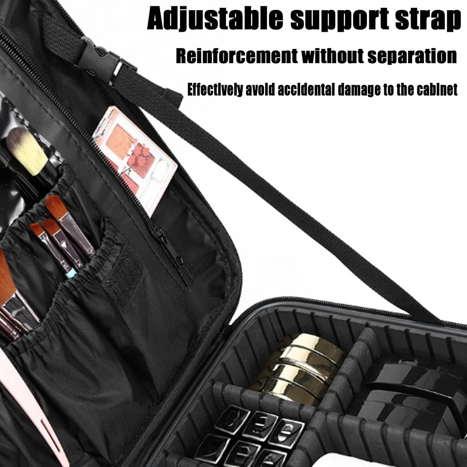 Travel Makeup Bag,Portable Makeup Case Cosmetic,Handheld Travel Case with Sponge Compartment Double Layer Women Portable Cosmetics Make Up Organizer Storage Case,Black,10in