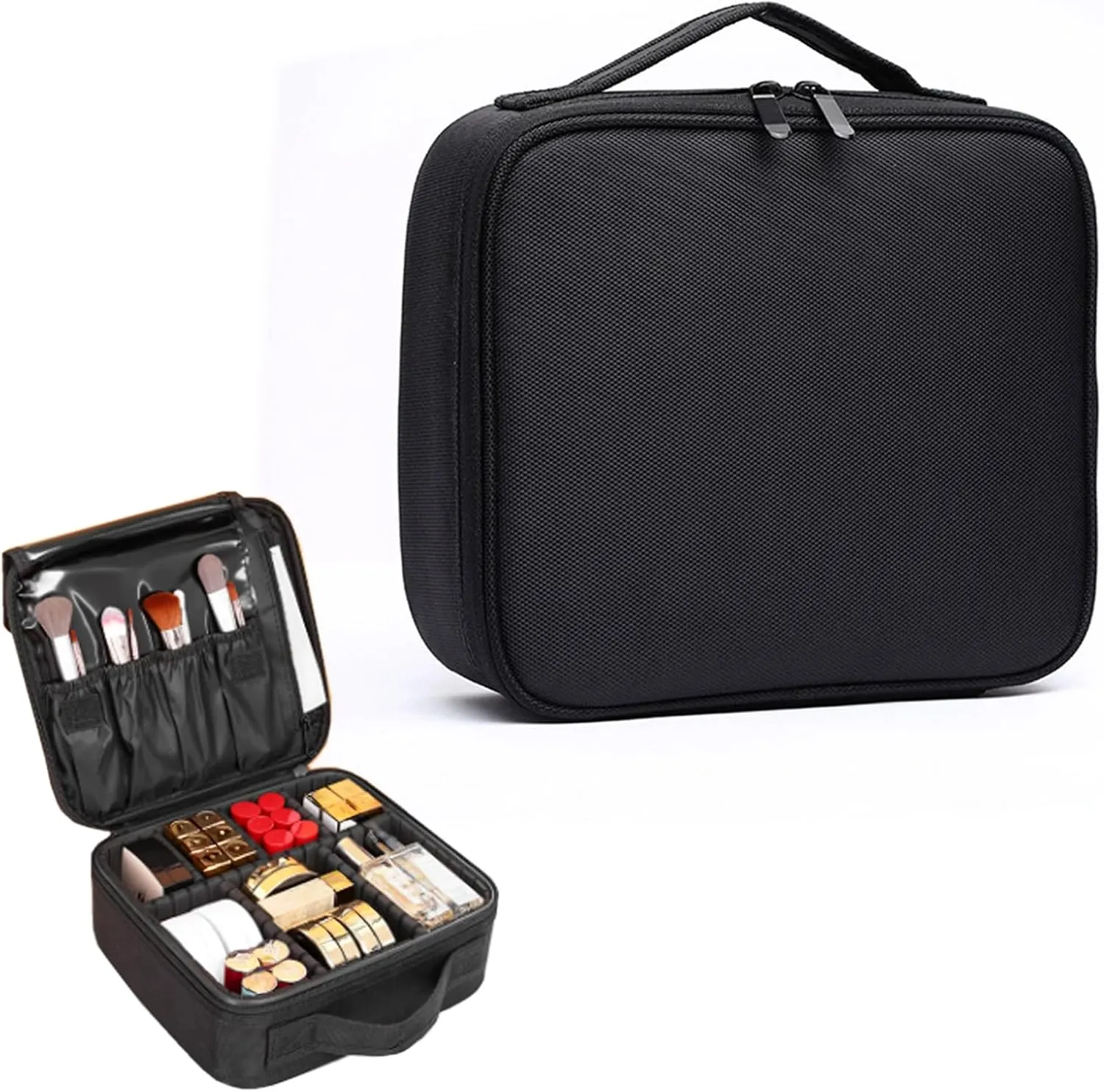 Travel Makeup Bag,Portable Makeup Case Cosmetic,Handheld Travel Case with Sponge Compartment Double Layer Women Portable Cosmetics Make Up Organizer Storage Case,Black,10in