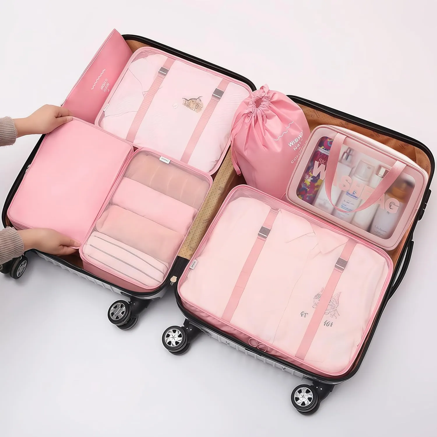 Travel packing cube bag,7Set Packing Cubes Luggage Packing Organizers for Travel,Wash Bag, Clothing Bag, Suitcase Organizer Luggage Cubes with toiletry bag(Pink)