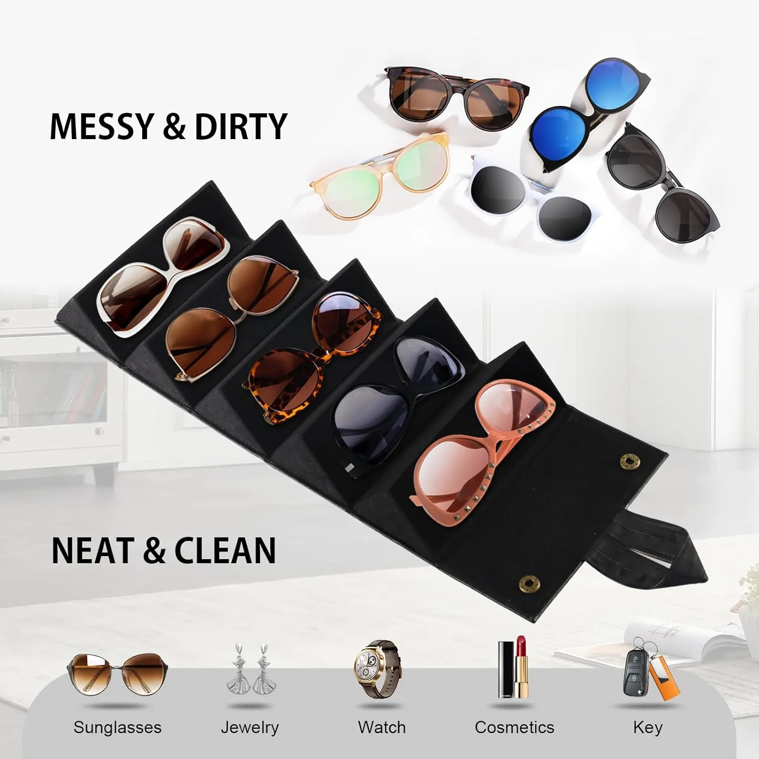 Travel Sunglasses Organizer Case with 5 Slots for Multiple Pairs, Portable Eyeglasses Storage for Men & Women