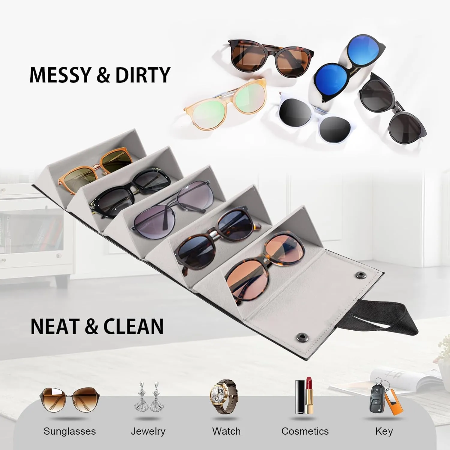 Travel Sunglasses Organizer Case with 5 Slots for Multiple Pairs, Portable Eyeglasses Storage for Men & Women