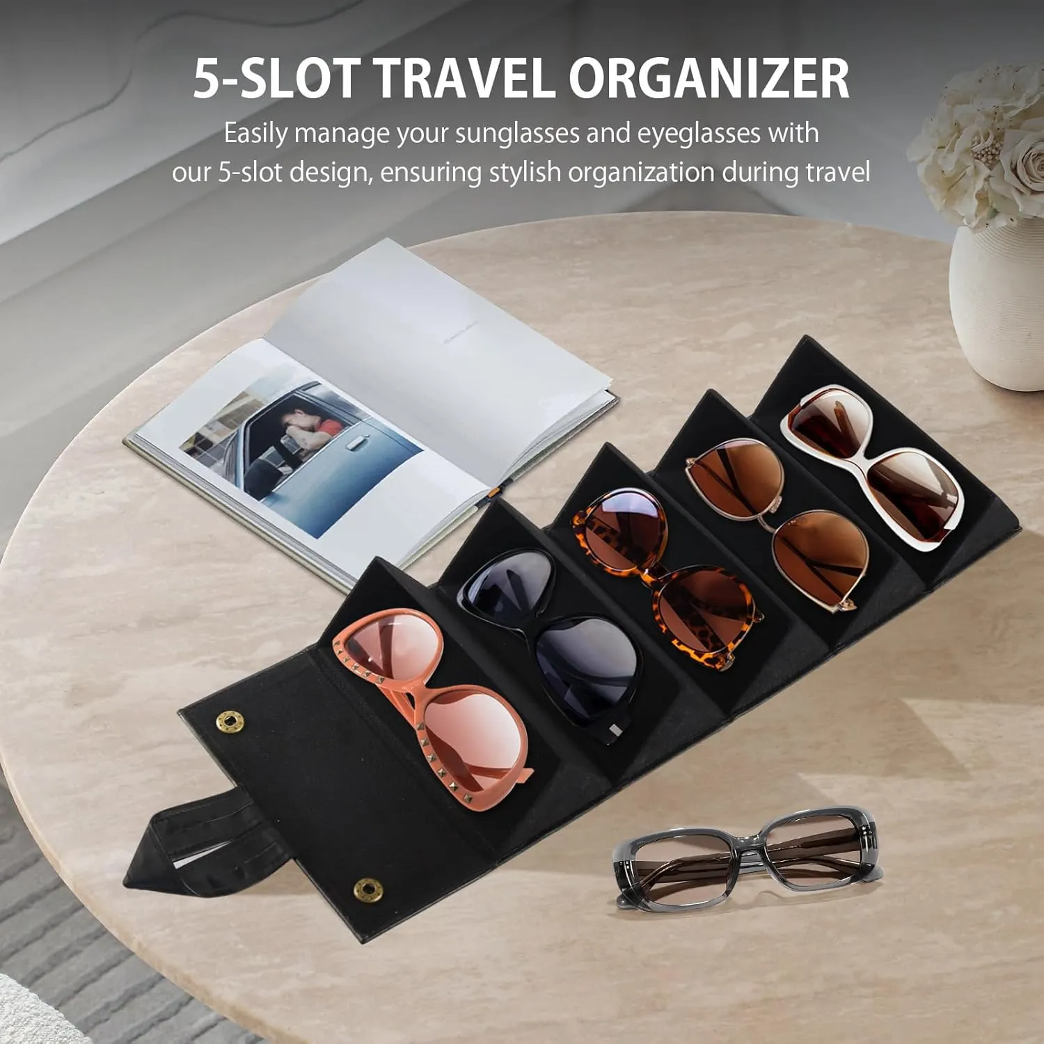 Travel Sunglasses Organizer Case with 5 Slots for Multiple Pairs, Portable Eyeglasses Storage for Men & Women
