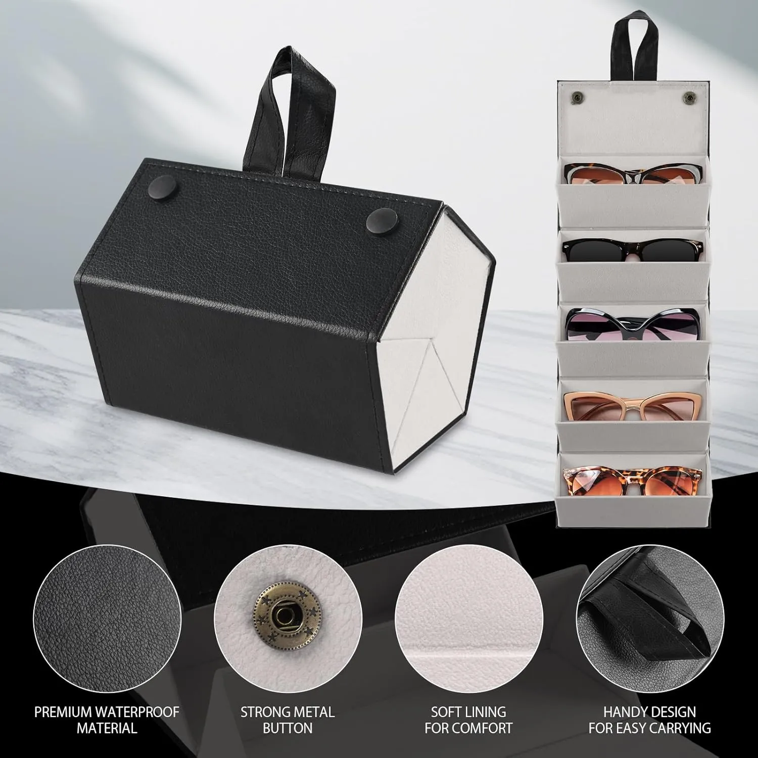 Travel Sunglasses Organizer Case with 5 Slots for Multiple Pairs, Portable Eyeglasses Storage for Men & Women