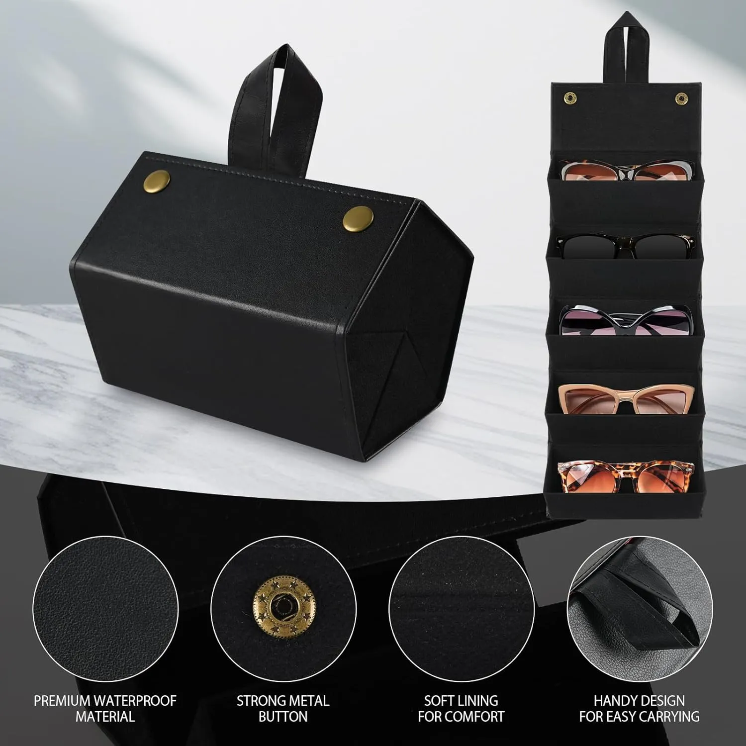 Travel Sunglasses Organizer Case with 5 Slots for Multiple Pairs, Portable Eyeglasses Storage for Men & Women