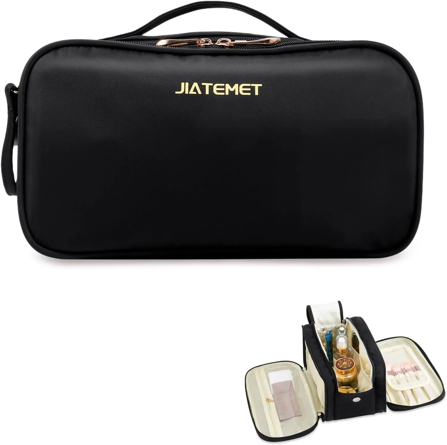 Travel Toiletry Bag, Lightweight Large Wide-open Cosmetic Makeup Bag for Women, Waterproof Skincare Bag with Dry Wet Depart and for Accessories,Essentials, Toiletries (Black)