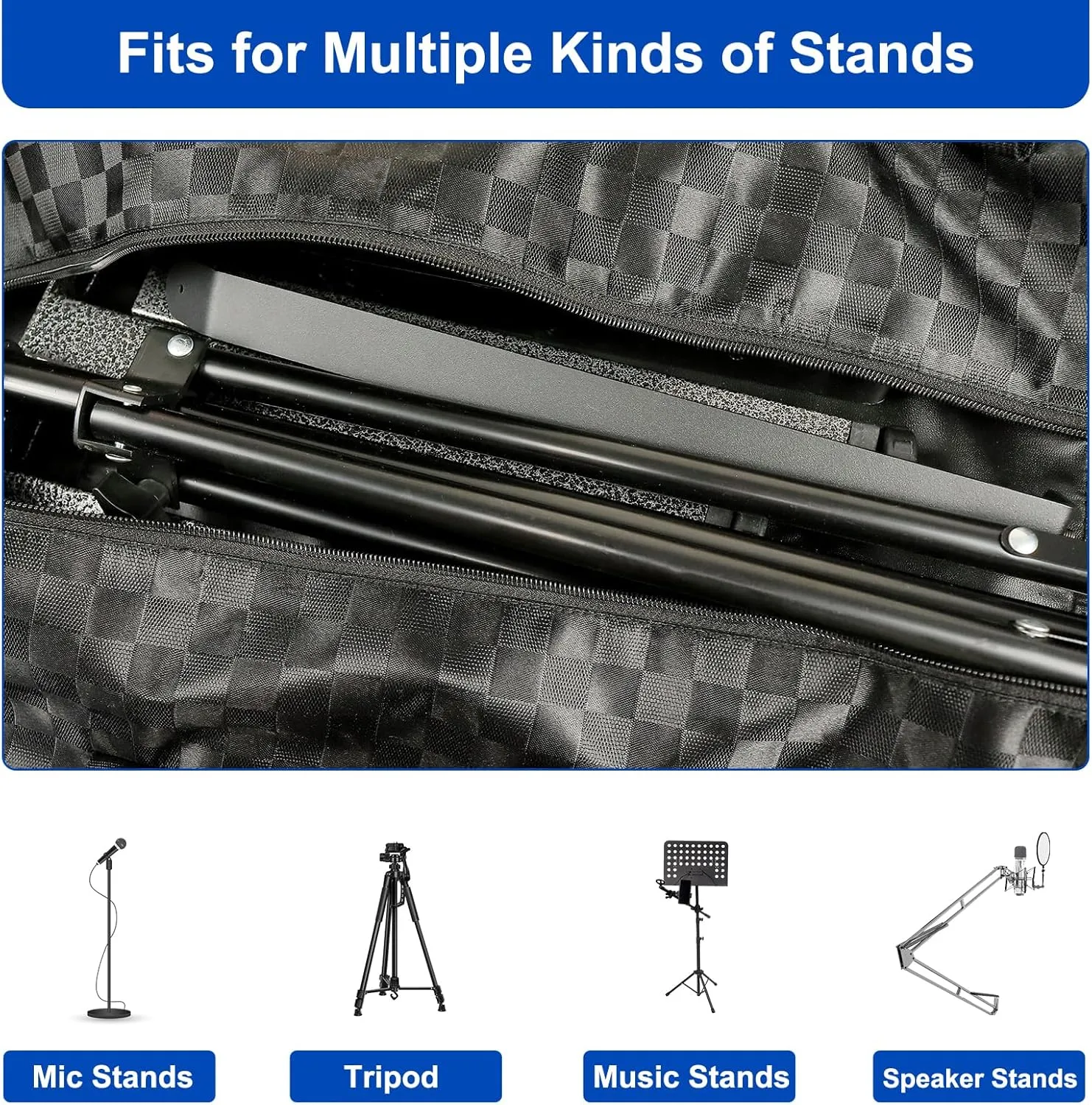Tripod Bag with External Pocket - 30 Inch Tripod Carrying Case with Shoulder Straps and Dual Handles Full Zippers for Lights, Cameras, Mic Stands, Music Stands (Checkered Fabric)