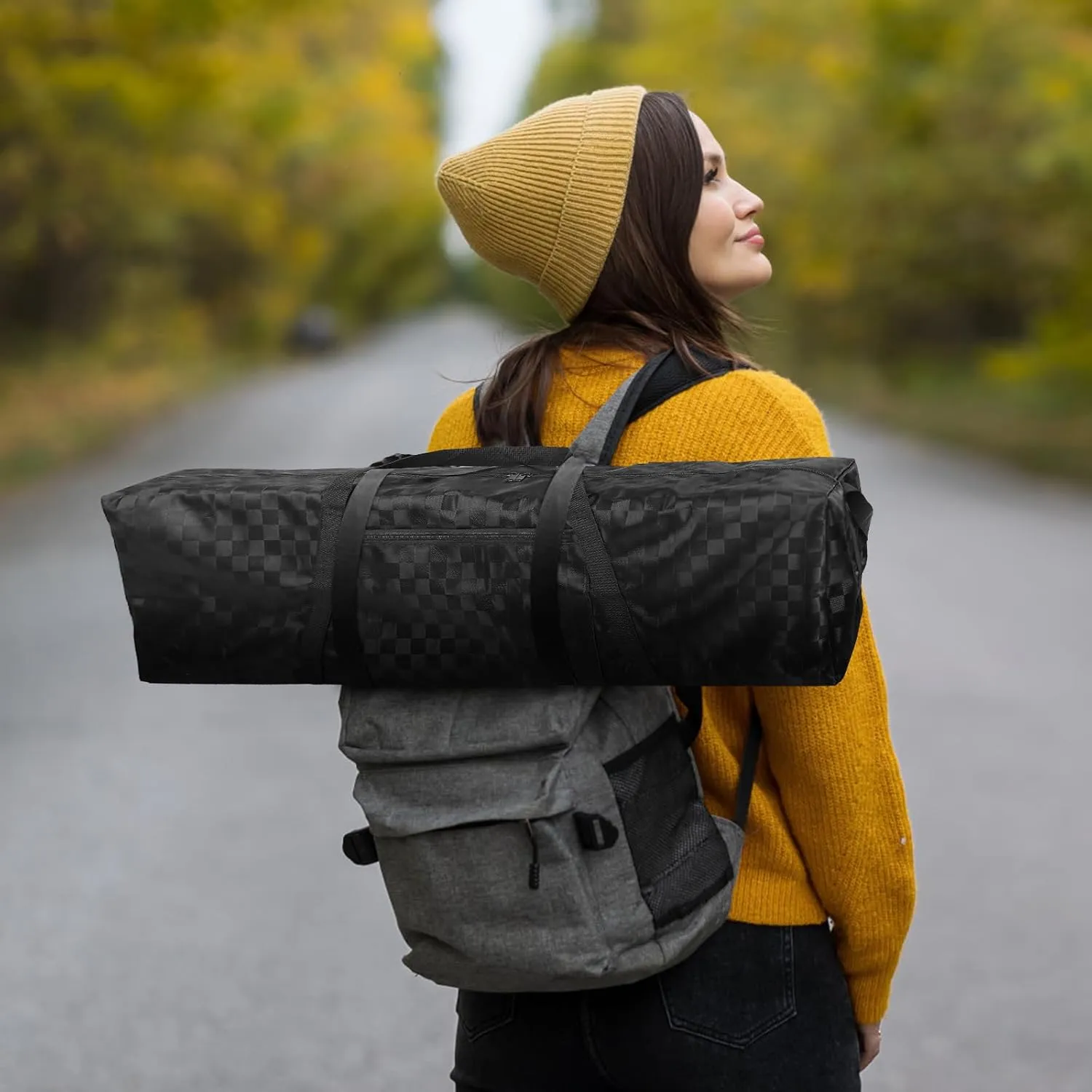 Tripod Bag with External Pocket - 30 Inch Tripod Carrying Case with Shoulder Straps and Dual Handles Full Zippers for Lights, Cameras, Mic Stands, Music Stands (Checkered Fabric)