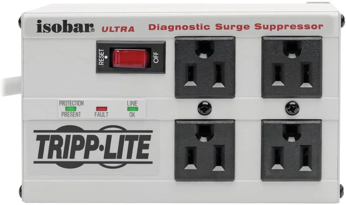 Tripp Lite ISOBAR4ULTRA Isobar 4-Outlet Heavy Duty Power Strip Surge Protector, 3330 Joules, 6ft Cord, Right-Angle Plug, Metal Power Strip, Industrial Garage Work Shop Bench, Mountable Power Strip