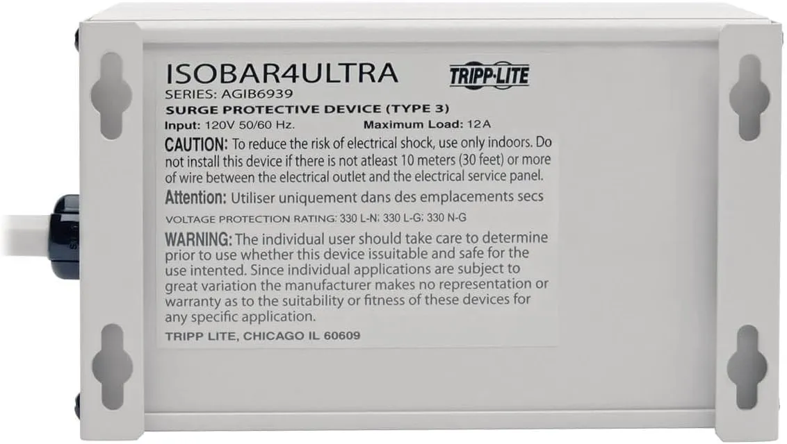Tripp Lite ISOBAR4ULTRA Isobar 4-Outlet Heavy Duty Power Strip Surge Protector, 3330 Joules, 6ft Cord, Right-Angle Plug, Metal Power Strip, Industrial Garage Work Shop Bench, Mountable Power Strip
